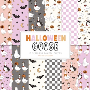 May include: A collection of 12 seamless digital papers with a Halloween theme. The designs feature cartoon geese in costumes, pumpkins, bats, and moons. The color palette includes pink, gray, and black.