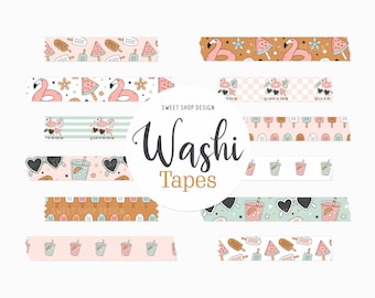 Clipart digital de fita washi com tema DIAS DE VERÃO, gráficos de picolé de flamingo para planner digital e Goodnotes.