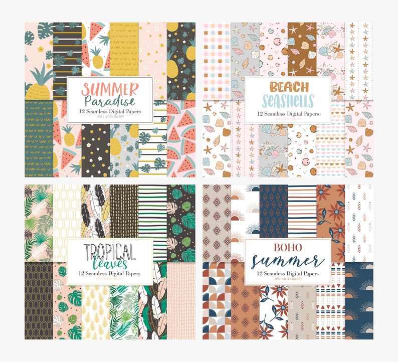 May include: Set of 12 digital paper designs featuring summer themes. The designs include tropical leaves, seashells, pineapples, watermelons, and geometric patterns in a variety of colors. The papers are perfect for scrapbooking, card making, and other craft projects.