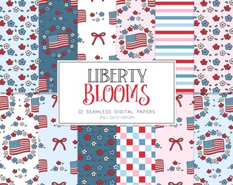 LIBERTY BLOOMS, Kwiatowe, patriotyczne, bezszwowe wzory, tła w gwiazdy i paski, papier cyfrowy do druku