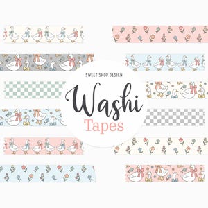 May include: A selection of washi tapes featuring diverse patterns. Designs include cartoon geese with bows, floral arrangements, and checkered patterns. The text "Sweet Shop Design" and "Washi Tapes" are also visible.