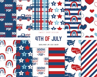 4TH OF JULY, Patriotic Stars And Stripes USA Flags Backgrounds, Printable Digital Papers