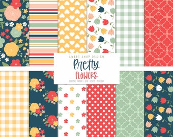 PRETTY FLOWERS, Floral Stripes Gingham Geometric Backgrounds, Printable Digital Paper