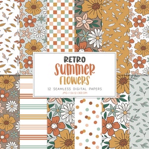 RETRO Sommer Blumen, Retro Floral nahtlose Muster, Hintergründe, bedruckbares digitales Papier