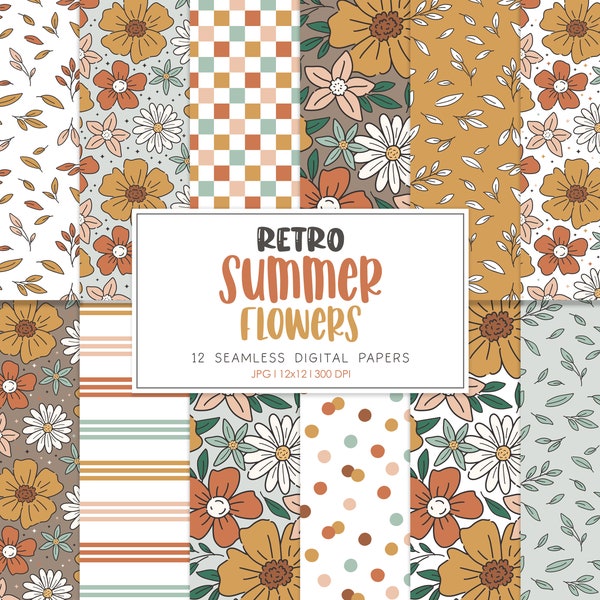 RETRO Summer Flowers, Retro Floral Seamless Repeat Pattern, Backgrounds, Printable Digital Paper