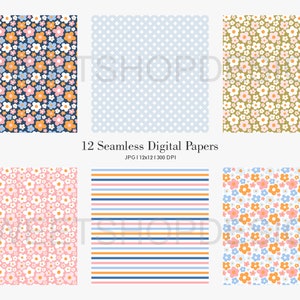 May include: Twelve digital papers featuring seamless patterns. The patterns include floral designs with pink, orange, blue, and white flowers on a variety of backgrounds, including navy blue, light blue, pink, green, and white. There is also a pattern of blue, orange, and pink stripes on a white background.