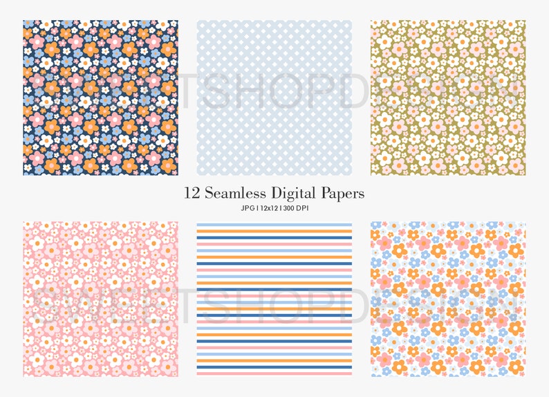 May include: Twelve digital papers featuring seamless patterns. The patterns include floral designs with pink, orange, blue, and white flowers on a variety of backgrounds, including navy blue, light blue, pink, green, and white. There is also a pattern of blue, orange, and pink stripes on a white background.