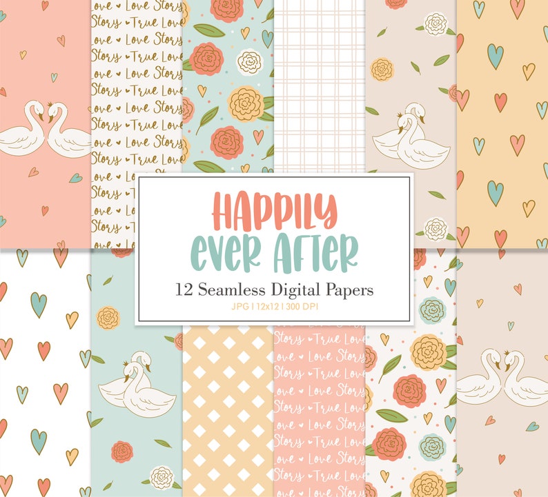 HAPPILY EVER AFTER, Valentine Seamless Repeat Pattern, Swans Floral Hearts Backgrounds, Printable Digital Paper image 1