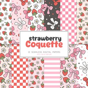 COQUETTE AUX FRAISES, motif de répétition sans couture d'été aux fraises, arrière-plans rétro coquette, papier numérique imprimable