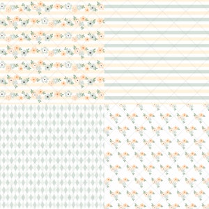 May include: Four different seamless patterns in a pastel color scheme. The patterns include a floral design with light blue and peach flowers, a striped pattern with light blue and white stripes, a diamond pattern with light blue and white diamonds, and a floral design with light blue and peach flowers on a white background.