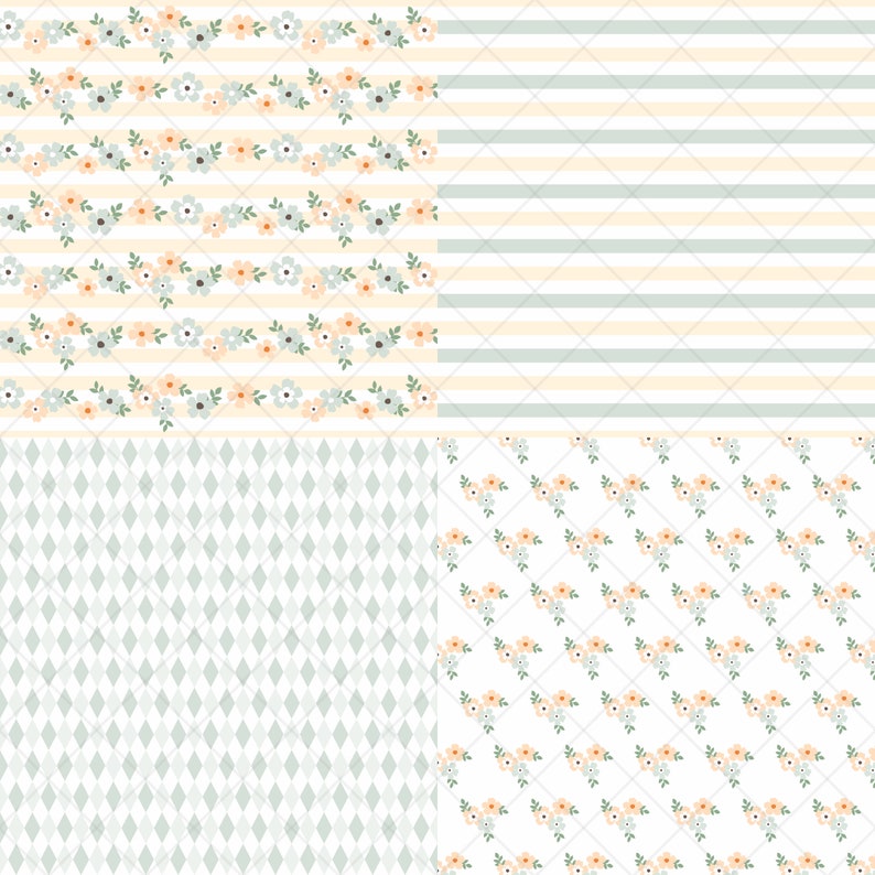 May include: Four different seamless patterns in a pastel color scheme. The patterns include a floral design with light blue and peach flowers, a striped pattern with light blue and white stripes, a diamond pattern with light blue and white diamonds, and a floral design with light blue and peach flowers on a white background.