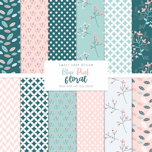 BLUE PINK FLORAL, Floral Geometric Backgrounds, Printable Digital Paper