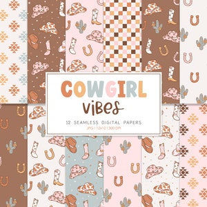COWGIRL VIBES, Western Nahtloses Rapportmuster, Kaktus Blumenwüste Hintergründe, druckbares digitales Papier