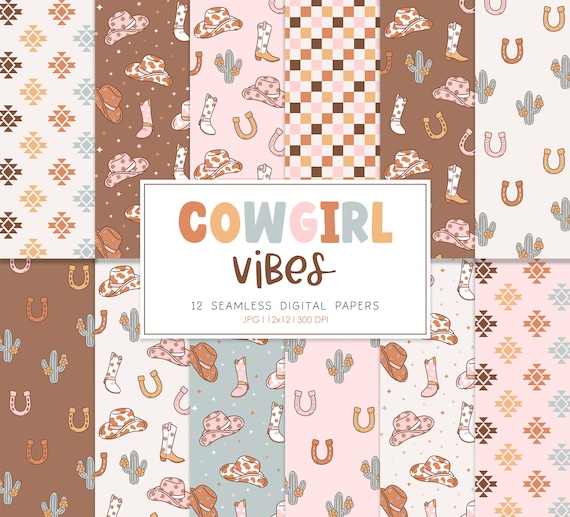 COWGIRL VIBES, Western Seamless Repeat Pattern, Cactus Floral Desert Backgrounds, Printable Digital Paper