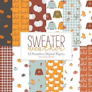 SWEATER WEATHER, Floral Autumn Fall Thanksgiving Seamless Repeat Pattern, Backgrounds, Printable Digital Paper image 1