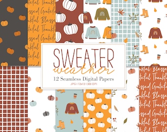 SWEATER WEATHER, Floral Autumn Fall Thanksgiving Seamless Repeat Pattern, Backgrounds, Printable Digital Paper