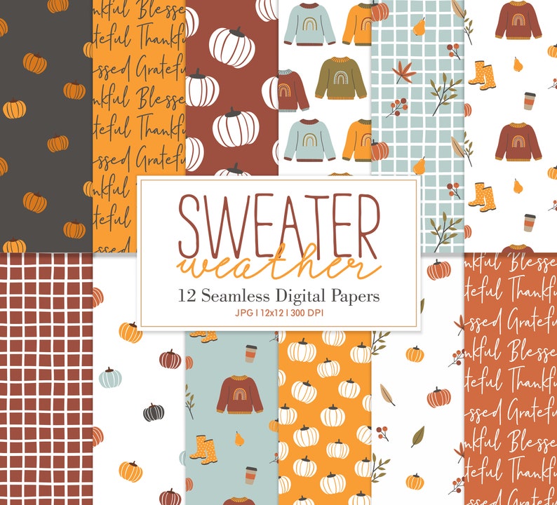 SWEATER WEATHER, Floral Autumn Fall Thanksgiving Seamless Repeat Pattern, Backgrounds, Printable Digital Paper image 1