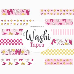 Könnte beinhalten: Ein Set mit 10 rosa und gelben Washi-Bändern mit verschiedenen Mustern, darunter Punkte, Streifen, Karos und Schleifen. Der Text "Washi Tapes" ist in einem weißen Kreis geschrieben.