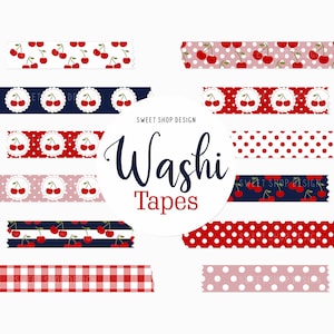 May include: Set of ten decorative washi tapes featuring a cherry motif. The tapes have various patterns including polka dots, gingham, stripes, and cherries in circles. The text "Washi Tapes" is written in black cursive.