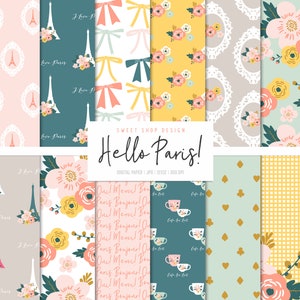 HALLO PARIS, Paris Tour Eiffel Floral Bögen Hintergründe, druckbare digitale Papiere