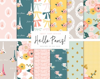 HELLO PARIS, Paris Tour Eiffel Floral Bows Backgrounds, Printable Digital Papers