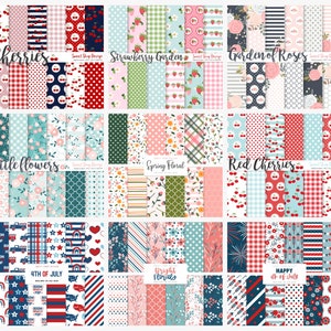 May include: A digital paper pack with 36 different patterns. The patterns include cherries, strawberries, flowers, stars, stripes, and plaid. The patterns are in red, white, blue, pink, green, and yellow.