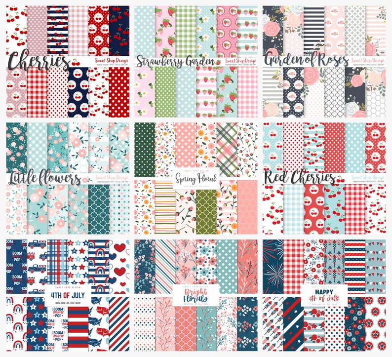 May include: A digital paper pack with 36 different patterns. The patterns include cherries, strawberries, flowers, stars, stripes, and plaid. The patterns are in red, white, blue, pink, green, and yellow.