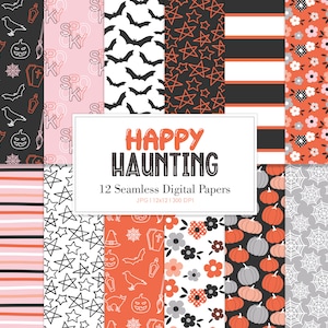 HAPPY HAUNTING, Halloweenowy bezszwowy powtarzalny wzór, nietoperze duch dyni tło, cyfrowy papier do druku