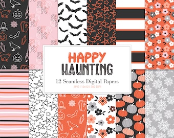 HAPPY HAUNTING, Halloween Seamless Repeat Pattern, Bats Ghost Pumpkin Background, Printable Digital Paper