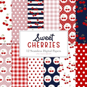 CILIEGIE DOLCI, motivo ripetuto senza soluzione di continuità rosso ciliegia blu navy, sfondo a quadretti a pois, carta digitale stampabile
