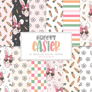 May include: A collection of 12 seamless digital papers with a Groovy Easter theme. The patterns include carrots, flowers, bunny faces with sunglasses, and pastel stripes and checkered designs. The color palette is soft and playful.