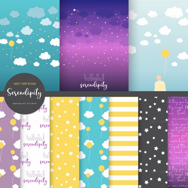 SERENDIPITY, Clouds Yellow Purple Backgrounds, Printable Digital Paper