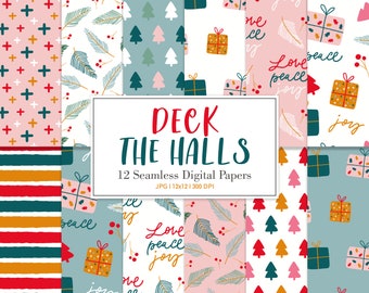 DECK THE HALLS, Christmas Seamless Repeat Pattern, Backgrounds, Printable Digital Paper