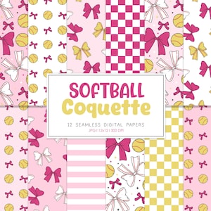 COQUETTE DE SOFTBALL, noeuds de coquette, motif de répétition sans couture de sports de printemps de softball, arrière-plans de stade rétro, papier numérique imprimable