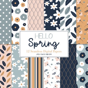 HELLO SPRING, Florales Nahtloses Rapportmuster, Hintergründe, bedruckbares digitales Papier
