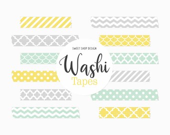 Digital Washi Tape MINT AND YELLOW, Geometric Graphics For Digital Planner, Goodnotes