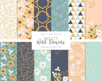 PRETTY WILD FLOWERS, Wildflowers Floral Geometric Backgrounds, Printable Digital Papers