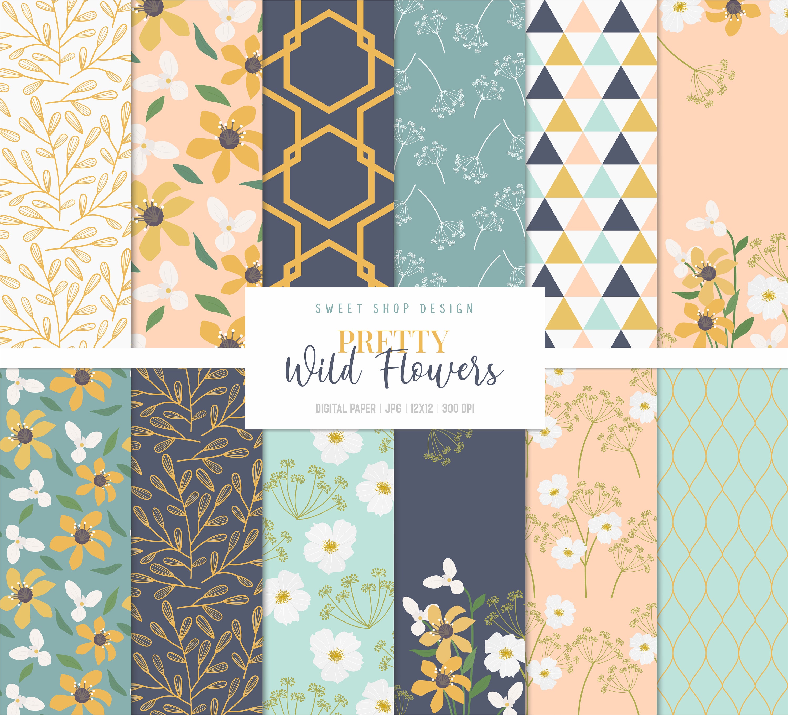 Digital Paper Pack PRETTY WILD FLOWERS, Wildflowers Patterns Backgrou…