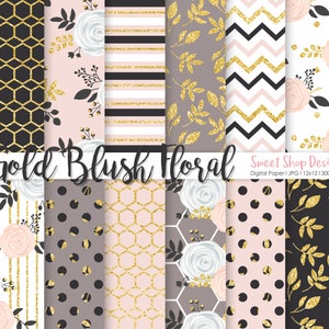 GOLD BLUSH FLORAL, Floral Rose Gold Backgrounds, Printable Digital Papers