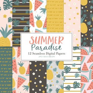 May include: A set of 12 digital papers featuring a summer theme with watermelon, pineapple, and floral patterns. The papers are seamless and perfect for crafting projects, scrapbooking, and digital design.