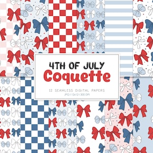 4th of JULY COQUETTE, Rot-Weiß-Blau Bögen Koquette Nahtloser Rapport, Vaterländische Hintergründe, druckbares digitales Papier