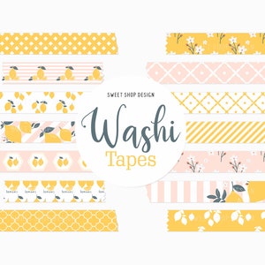 Digital Washi Tape Clipart SUNSHINE AND LEMONS, Graphics with Lemons Floral Stripes Lattices