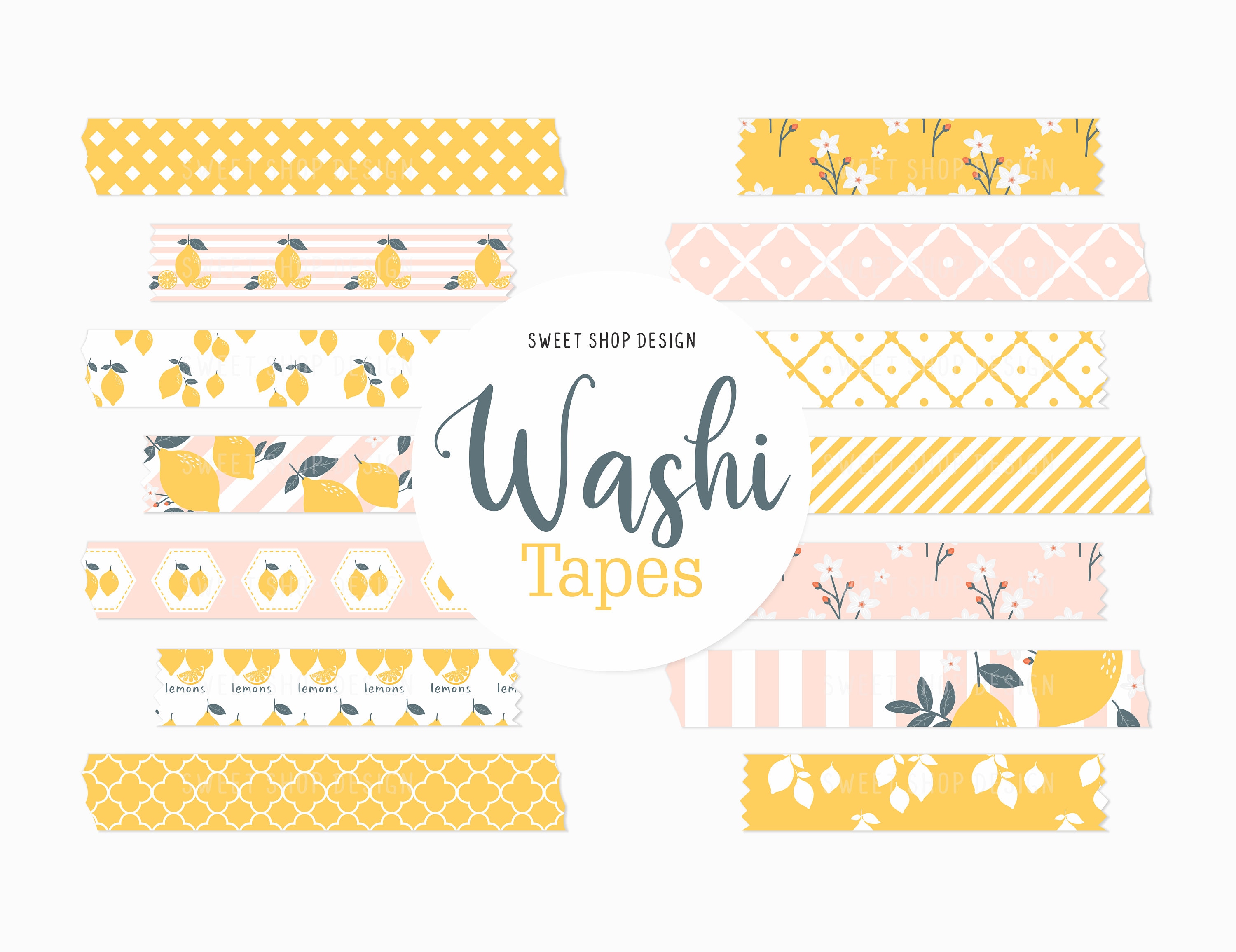 Digital Washi Tape Clipart SUNSHINE AND LEMONS, Graphics with Lemons Floral  Stripes Lattices
