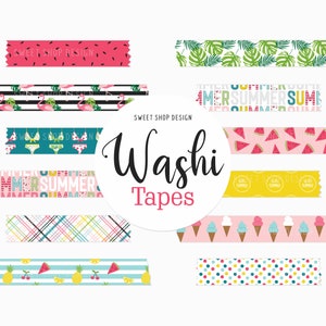 Digital Washi Tape Clipart SUMMER FUN, Graphics with Flamingo Tropical Plant Fruits Geometric For Digital Planner, Goodnotes