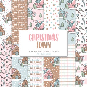 Gingerbread Houses Seamless Repeat Pattern, Winter Retro Backgrounds, Printable Digital Paper, CHRISTMAS TOWN