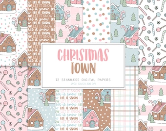 Gingerbread Houses Seamless Repeat Pattern, Winter Retro Backgrounds, Printable Digital Paper, CHRISTMAS TOWN