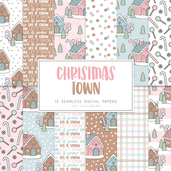 Gingerbread Houses Seamless Repeat Pattern, Winter Retro Backgrounds, Printable Digital Paper, CHRISTMAS TOWN