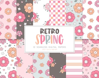 RETRO SPRING, Retro Floral Seamless Repeat Pattern, Backgrounds, Printable Digital Paper