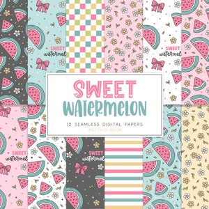 SÜSSE WASSERMELONE, Wassermelone Frucht Blumen Sommer nahtlose Wiederholungsmuster, Retro-Hintergründe, druckbares digitales Papier