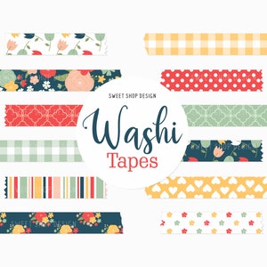 May include: Assortment of colorful washi tapes with various patterns, including floral, polka dot, checkered, and geometric designs. The text "Washi Tapes" is displayed in a circle.